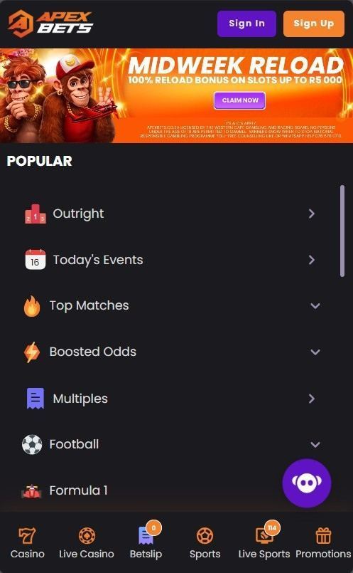 Apexbets mobile view