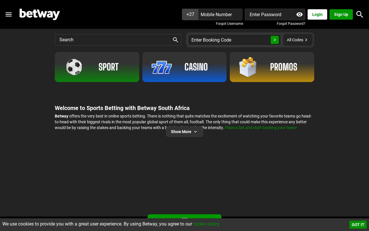Betway South Africa desktop view