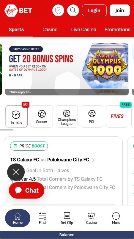VirginBet mobile view